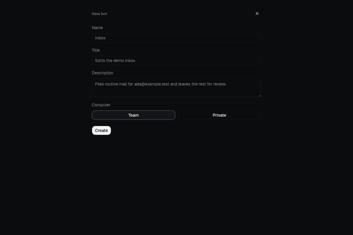 The new bot form in Rakazo, filled with a demo bot named Inbox.