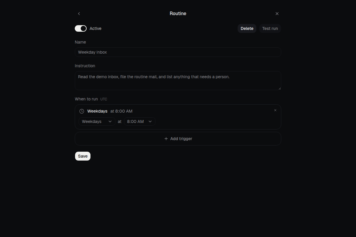 A routine editor for a weekday inbox check, with the instruction written as text.
